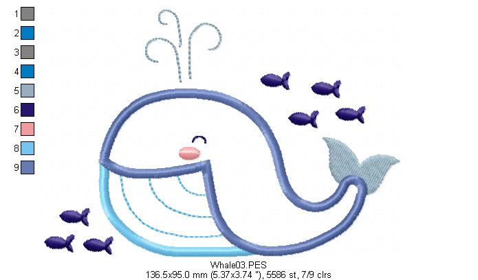 Cute Whale - Applique - Machine Embroidery Design