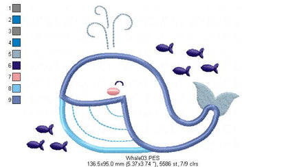 Cute Whale - Applique - Machine Embroidery Design