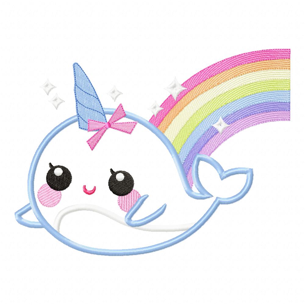Magical Whale Unicorn and Rainbow - Applique - Machine Embroidery Design