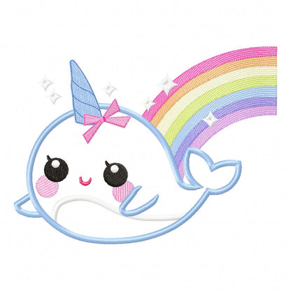 Magical Whale Unicorn and Rainbow - Applique - Machine Embroidery Design