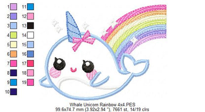 Magical Whale Unicorn and Rainbow - Applique - Machine Embroidery Design