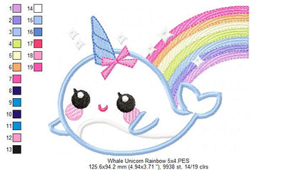 Magical Whale Unicorn and Rainbow - Applique - Machine Embroidery Design