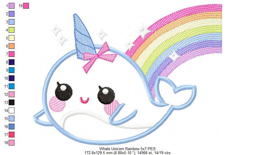 Magical Whale Unicorn and Rainbow - Applique - Machine Embroidery Design