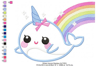 Magical Whale Unicorn and Rainbow - Applique - Machine Embroidery Design