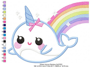 Magical Whale Unicorn and Rainbow - Applique - Machine Embroidery Design