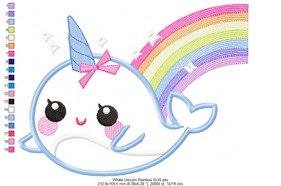 Magical Whale Unicorn and Rainbow - Applique - Machine Embroidery Design