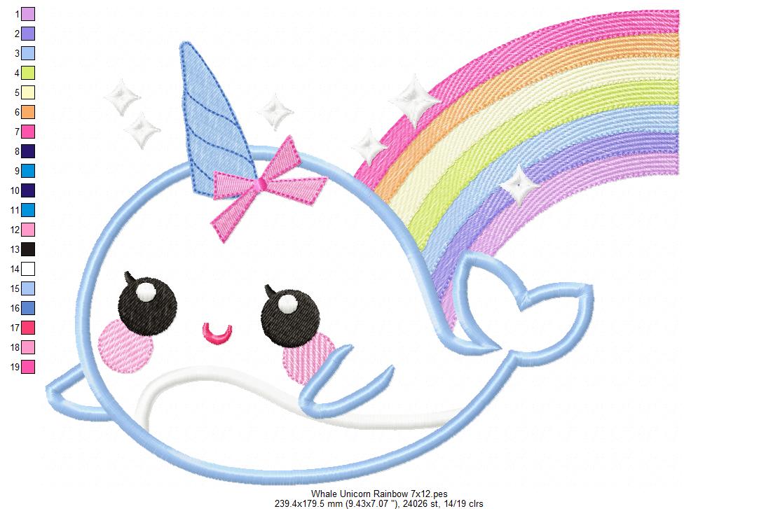 Magical Whale Unicorn and Rainbow - Applique - Machine Embroidery Design