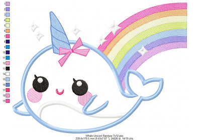 Magical Whale Unicorn and Rainbow - Applique - Machine Embroidery Design