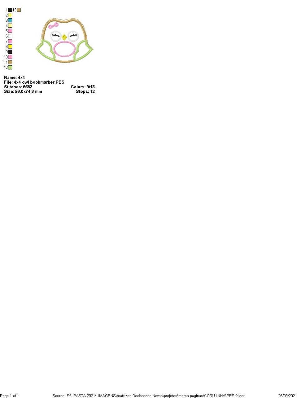 Little Owl Bookmarker - ITH Project - Machine Embroidery Design