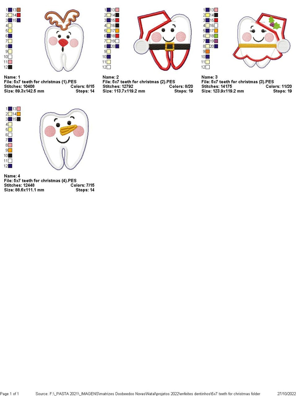 Teeth Christmas Tree Ornaments Set - ITH Project - Machine Embroidery Design