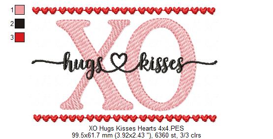 Valentines Hearts XO Hugs and Kisses - Fill Stitch - Machine Embroidery Design
