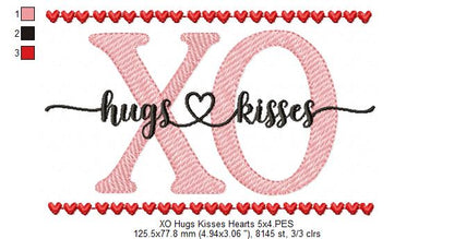 Valentines Hearts XO Hugs and Kisses - Fill Stitch - Machine Embroidery Design