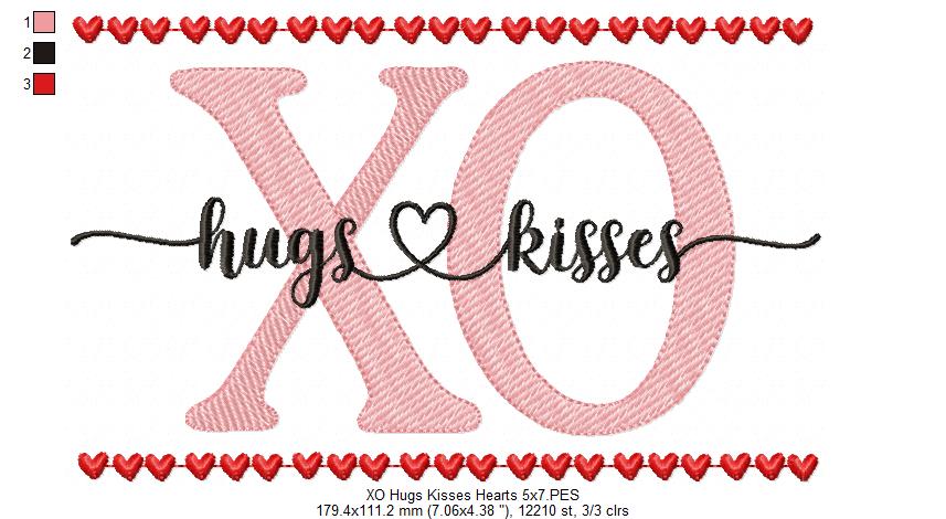 Valentines Hearts XO Hugs and Kisses - Fill Stitch - Machine Embroidery Design