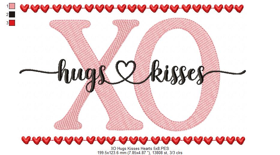 Valentines Hearts XO Hugs and Kisses - Fill Stitch - Machine Embroidery Design
