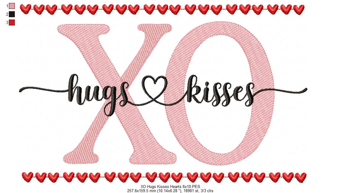Valentines Hearts XO Hugs and Kisses - Fill Stitch - Machine Embroidery Design