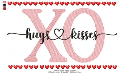 Valentines Hearts XO Hugs and Kisses - Fill Stitch - Machine Embroidery Design