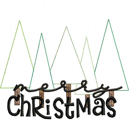 Merry Christmas Christmas Tree Cluster - Raggy Applique