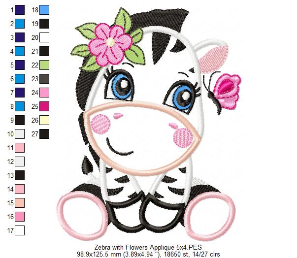 Zebra Girl with Flowers - Applique