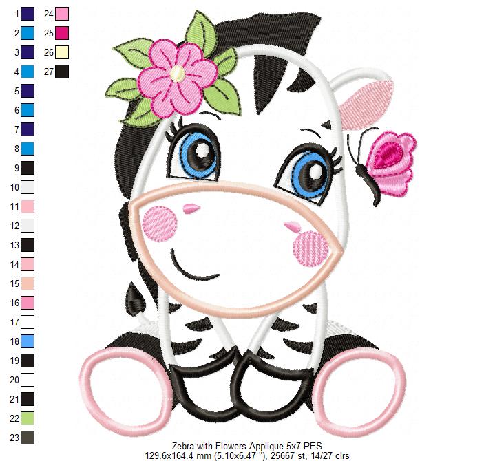 Zebra Girl with Flowers - Applique