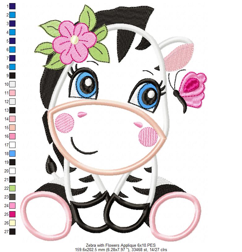 Zebra Girl with Flowers - Applique