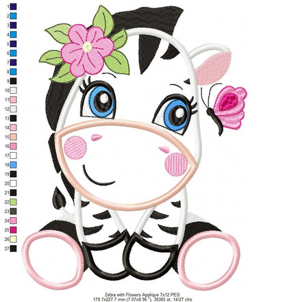 Zebra Girl with Flowers - Applique & Fill Stitch