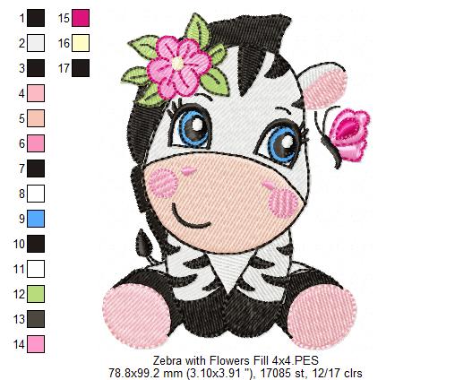Zebra Girl with Flowers - Fill Stitch Embroidery