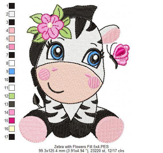 Zebra Girl with Flowers - Fill Stitch Embroidery