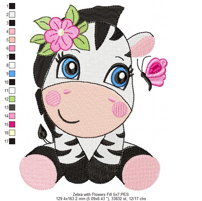 Zebra Girl with Flowers - Fill Stitch Embroidery