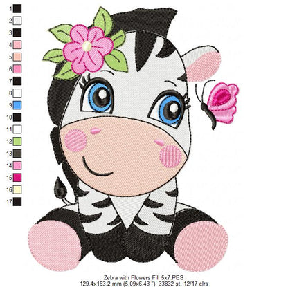 Zebra Girl with Flowers - Fill Stitch Embroidery