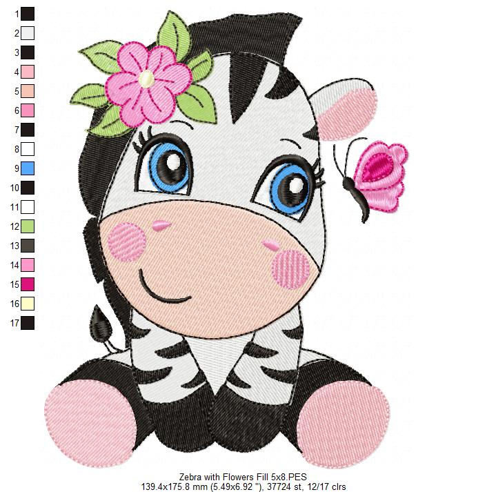 Zebra Girl with Flowers - Fill Stitch Embroidery