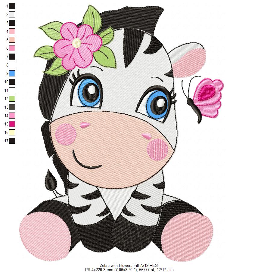 Zebra Girl with Flowers - Fill Stitch Embroidery