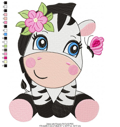 Zebra Girl with Flowers - Fill Stitch Embroidery