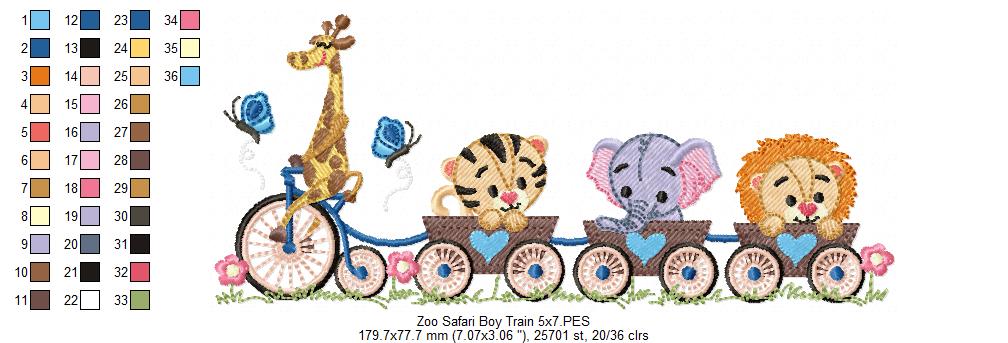 Safari Animals Train Boy - Fill Stitch Embroidery