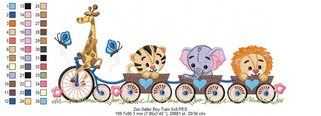 Safari Animals Train Girl and Boy - Fill Stitch - Set of 2 designs