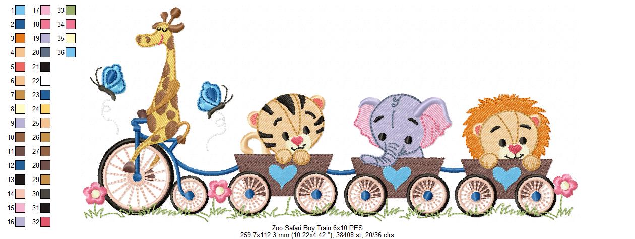 Safari Animals Train Girl and Boy - Fill Stitch - Set of 2 designs