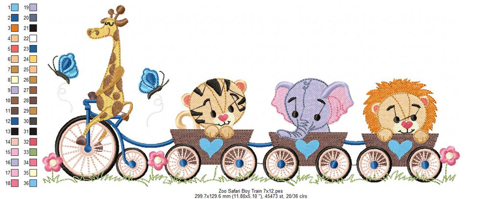 Safari Animals Train Girl and Boy - Fill Stitch - Set of 2 designs
