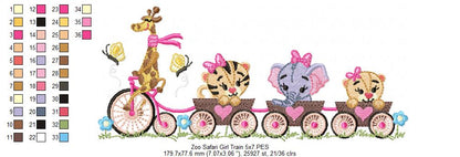 Safari Animals Train Girl - Fill Stitch - Machine Embroidery Design