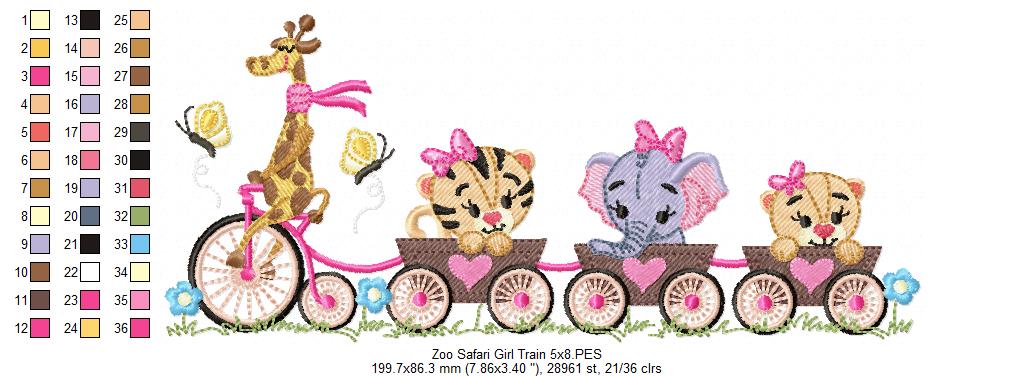 Safari Animals Train Girl and Boy - Fill Stitch - Set of 2 designs