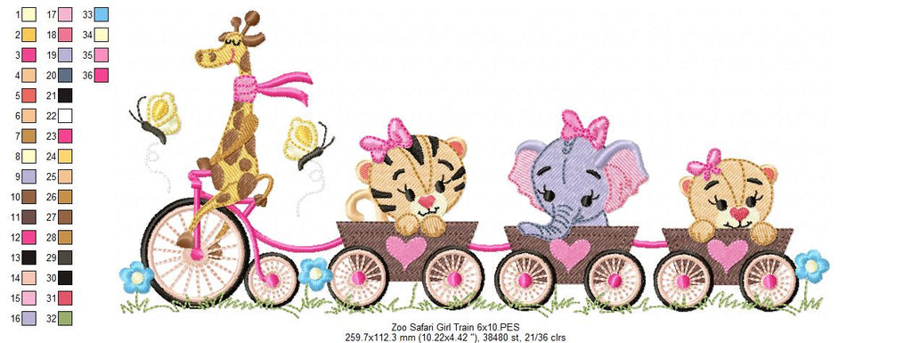 Safari Animals Train Girl - Fill Stitch - Machine Embroidery Design