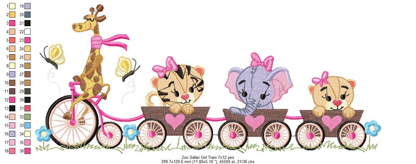 Safari Animals Train Girl and Boy - Fill Stitch - Set of 2 designs