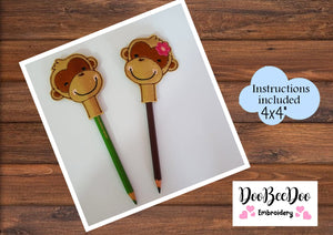Pencil Topper Little Monkey Boy and Girl - ITH Applique - Machine Embroidery Design