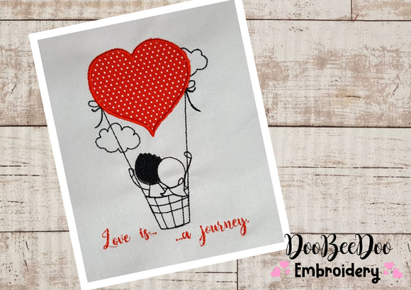 Couple on air balloon - Redwork - Machine Embroidery - 5 Sizes