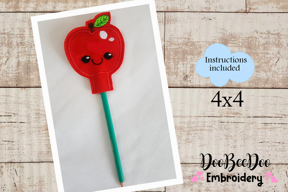 Pencil Topper Apple - Applique - Hoop -Machine Embroidery Design
