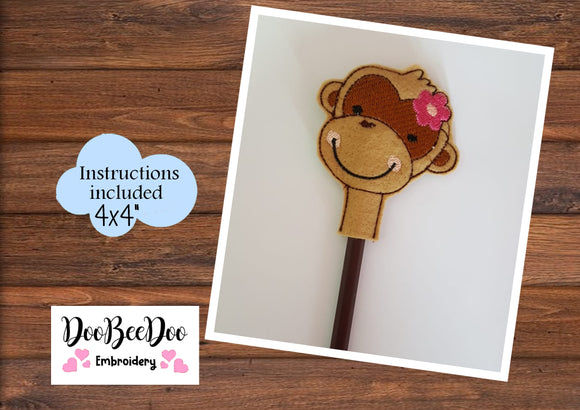 Pencil Topper Little Monkey Girl - ITH Project - Machine Embroidery Design