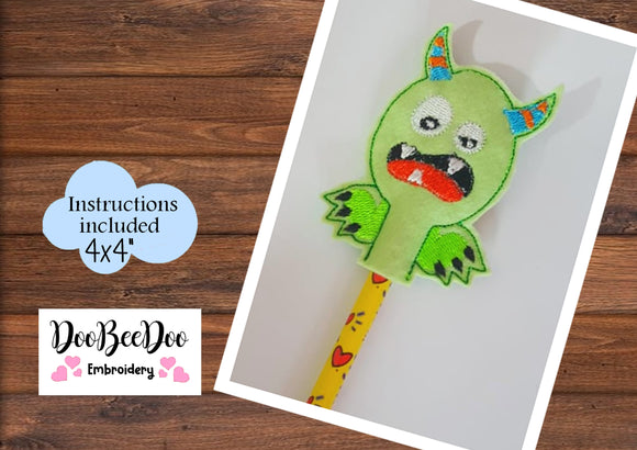 Pencil Topper  Little Green Monster - ITH Applique - Machine Embroidery Design