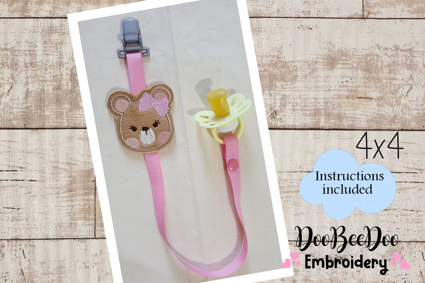 Teddy Bear Girl Pacifier Holder - ITH Project - Machine Embroidery Design