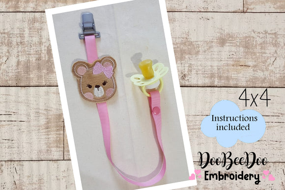 Teddy Bear Girl Pacifier Holder - ITH Project - Machine Embroidery Design