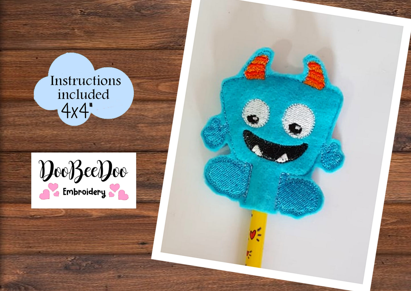 Pencil Topper Little Blue Monster - ITH Project - Machine Embroidery Design