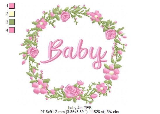Baby Word Flowers Frame - Fill Stitch - Machine Embroidery Design