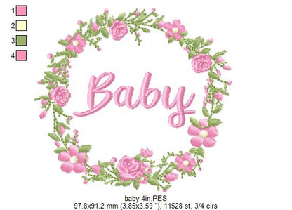 Baby Word Flowers Frame - Fill Stitch - Machine Embroidery Design